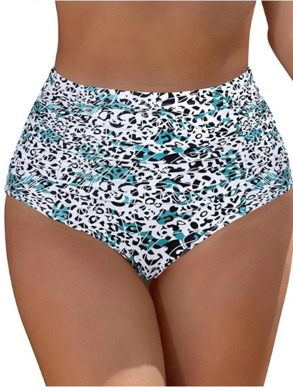 High-Waist Teal & Black Printed Women’s Bikini Bottoms